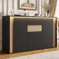 STILVORA Dressoir 140x40x82cm met 3 deuren en 1 lade, commode met verstelbare LED-verlichting, dressoir met houtnerfmotief, zwart