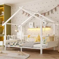 OKWISH Kinderbed 90x200 cm - Met Veiligheidshekje en Dakframe - Huisvormig Bedframe - Zonder Matras - Voor Jongens en Meisjes - Metaal - Wit