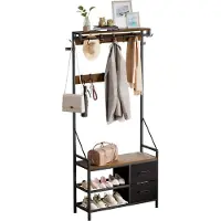 Casamoda Kapstok met Schoenenrek en Laden - B80 x D40 x H180 cm - Extra Diep Garderoberek - 17 Haken - Garderobekast - Staand - Hangend -Metaal/Hout - Walnoot/Zwart