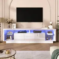 STILVORA TV-kast met 3 glanzende deuren, TV-meubel met transparante glazen vakken, TV-kast met LED-verlichting bedienbaar via een app