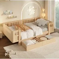 OKWISH Bed 90x200 cm - Hoog Veiligheidshek - Met 2 Opberglades - Kinderkamer - Hout En MDF - Houtkleur - Zonder Matras