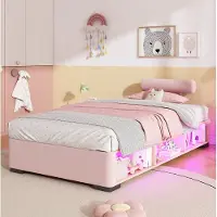 OKWISH Kinderbed 90x200 cm - Met LED-Zijrek en Open Opbergruimte - Laag Bed Met Flexibele Hoofdsteunen - Eenpersoons Stof - Roze - Zonder Matras