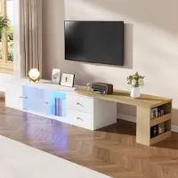 OKWISH TV-meubel met LED-verlichting en zijvak, TV-kast met lades en glazen deuren, design in contrasterende kleuren, wit