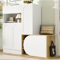 STILVORA Schoenenkast - Met Zitbank, Lade En 5 Deuren - Open Vak Voor Hal En Entree - MDF - 130x35x110,5 Cm - Wit Met Houtoptiek