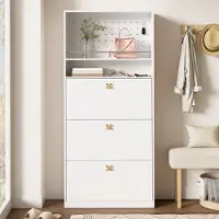 Sweiko Schoenenkast - Halmeubel - 3 vakken met klep - 2 open planken - Goudkleurige klavertjevier-grepen - 80 × 24 × 178.5 cm - Wit