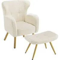 TecTake Fauteuil met Voetenbank – Bouclé Loungefauteuil met Dikke Vulling – Comfortabele Relaxstoel voor Woonkamer en Slaapkamer – Crème/Goud