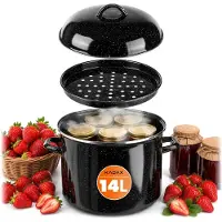 Kadax geëmailleerde inmaakpan, 14 liter, grote pan voor het maken van jam en het inmaken van voedsel, jampan met deksel en handvatten (zwart)