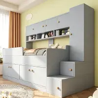 OKWISH Kinderbed 90x200 met kledingkast en opbergvakken, een-persoonsbed met LED-verlichting en veiligheidsreling, multifunctioneel bed in grijs, zonder matras