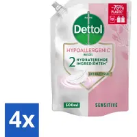 Dettol 4 x - Handzeep Navulling - Hypoallergenic - Sensitive - 500 ml - Handzeep Navulling - Hypoallergene Handzeep - Gevoelige Huid - Antibacteriële Zeep - Duurzame Handzeep