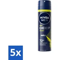Nivea 5 x MEN - Deodorant Spray - Deep Sport - 150 ml - MEN Deep Sport Deospray - Anti-transpirant - 72 Uur Bescherming - Black Carbon - MAXXTech