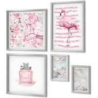Coloray 5-Delige Schilderij Set - Roze Bloemen Met Marmer- En Pastelpatronen - 20 x 30 cm - Muurdecoratie - Schilderijen Set - Woonkamer - Stijlvolle Muurdecoratie