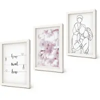 Coloray 3-Delige Schilderij Set - Bloemen en familie in minimalistisch design. - 20x30 - Wanddecoratie - Muurdecoratie - Woonkamer - Stijlvolle Muurdecoratie
