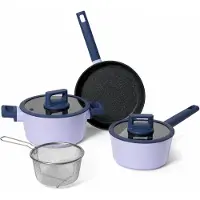 Just perfecto Pannenset Inductie 6-delig – Kookpan, Steelpan en Koekenpan – Antiaanbaklaag – Glazen Deksels en Frituurmand – Lila