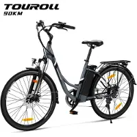 Touroll Bries 1 Pro-Breezi-Stapdoor-E‑Bike-Grijs‑26-Inch‑250W‑90km‑Bereik‑Shimano‑7‑versnellingen‑Schijfremmen‑IPX4