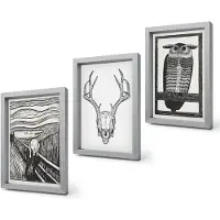 Coloray 4-Delige Schilderij Set - Inspiratiebeeld: Schreeuw met schedel en uil in grafische stijl - 20 x 30 cm - Wanddecoratie - Schilderijen Set - Kantoor - Decoratieve Schilderijen