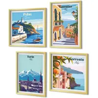 Coloray 4-Delige Schilderij Set - Kleurrijke, illustratieve stadsgezichten in retrostijl - 40 x 40 cm en 40 x 60 cm - Muurdecoratie - Interieur Decoratie - Stijlvolle Muurdecoratie