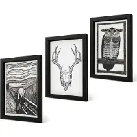 Coloray 4-Delige Schilderij Set - Inspiratiebeeld: Schreeuw met schedel en uil in grafische stijl - 20 x 30 cm - Wanddecoratie - Schilderijen Set - Kantoor - Muurdecoratie
