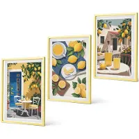 Coloray 3-Delige Schilderij Set - Bloemen In Een Vaas Met Uitzicht Op Zee En Citroenen - 40 x 40 cm En 40 x 60 cm - Schilderijen Set - Wanddecoratie - Woonkamer - Woonkamer Decoratie