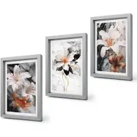 Coloray 4-Delige Schilderij Set - Bloemen op een marmeren achtergrond in wit- en zwarttinten. - 20 x 30 cm - Moderne Wanddecoratie - Slaapkamer