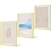 Coloray 4-Delige Schilderij Set - Bladeren en golven in beige en blauwe tinten. - 40 x 60 cm - Wanddecoratie - Woonkamer Decoratie - Muurdecoratie