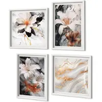 Coloray 4-Delige Schilderij Set - Bloemen Op Een Marmeren Achtergrond In Wit- En Zwarttinten. - 40 x 40 En 40 x 60 - Moderne Wanddecoratie - Woonkamer - Woonkamer Decoratie