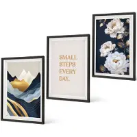 Coloray 3-Delige Schilderij Set - Abstracte Bergen, Bloemen En Inspirerende Letters - 40 x 60 cm - Decoratieve Schilderijen - Woonkamer - Interieur - Interieur Decoratie