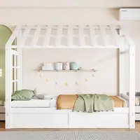 OKWISH Kinderbed 90 x 200 cm - Hoogslaper Met Dak en Raam - Hydraulische Opbergruimte en Zijvakken - Voor Kinderen - Hout MDF Wit - Zonder Matras