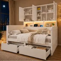 OKWISH Jugendbed 90x200 met gestoffeerd hoofdeinde en kasten, dagbed met LED-verlichting en USB-poort, bed met opbergruimte en lades, wit, zonder matras