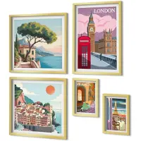 Coloray 5-Delige Schilderij Set - Europese Steden: Iconen Van Cultuur En Architectuur - 50 x 50 cm, 20 x 30 cm En 40 x 60 cm - Muurdecoratie - Wanddecoratie - Slaapkamer - Moderne Wanddecoratie