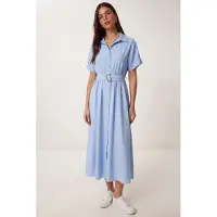 Happiness İstanbul Gestrikt Poplin Shirt Midi Jurk