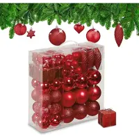 Famanu – Set van 110 kerstballen van kunststof, onbreekbare kerstboomversiering met slingers, rood