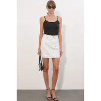 Big Dart Hoge Taille Polkadot Denim Mini Rok