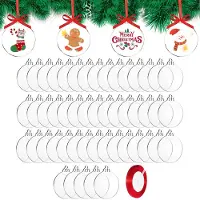 Famanu – 50 stuks transparante kerstballen van acryl met lint, platte ballen voor handwerk en kerstboomdecoratie, 7,6 x 7,6 cm