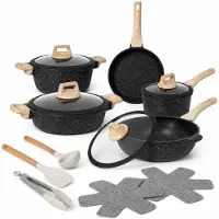 Just perfecto Pannenset Inductie 14-delig – Kookpannen en Koekenpannen – Marmeren Antiaanbaklaag – Glazen Deksels – Alle Warmtebronnen – Zwart