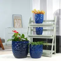 HAUSS SPOLE Bloempot Met Drainagegat – Glanzend Hamerslagreliëf – Ø30 Cm – Keramiek – Navy Blue – Voor Binnen En Buiten