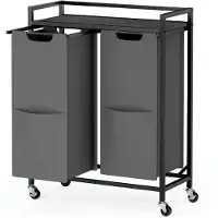 Songmics Wasmand met 2 compartimenten - Rolwagen met plank en vakken - Wasmand voor huishoudelijk gebruik - 63 x 32 x 93 cm - Zwartgrijs