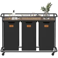 Songmics Wasmand met 3 compartimenten - Wassorteerder op wielen - Waskar van 150 liter met schap - 104 x 33 x 79,5 cm - Zwartbruin