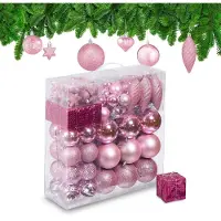 Famanu – Set van 110 kerstballen van kunststof, onbreekbare kerstboomversiering met slingers, roze