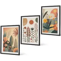 Coloray 3-Delige Schilderij Set - Boho-Plantenpatronen In Warme Tinten Met Natuur. - 40 x 60 cm - Decoratieve Schilderijen - Wanddecoratie - Hal