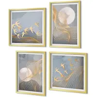 Coloray 4-Delige Schilderij Set - Abstracte patronen met golven en cirkels op een grijze achtergrond. - 40 x 40 cm en 40 x 60 cm - Muurdecoratie - Wanddecoratie - Hal - Moderne Wanddecoratie