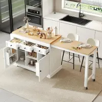 STILVORA Keukeneiland - Uitschuifbaar Werkblad Met Lades En Kruidenrek - Verrijdbaar Voor Keuken - MDF - 112-188x45x92 Cm - Wit;Natuurlijk