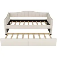 STILVORA dagbed 90x200 cm met uitschuifbaar bed en slaapbank, eenpersoonsbed met sfeerverlichting, dagbed van linnen met minimalistisch design, beige, zonder matras