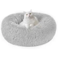 Famanu – Fluffy rond hondenbed en kattenbed van pluche, donutvormig knuffelbaar kussen, wasbaar in M/L/XL voor kleine, middelgrote en grote honden, katten en andere huisdieren in lichtgrijs