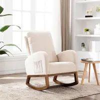 HAUSS SPOLE Schommelstoel - Fauteuil Met Hoge Rugleuning En Zijvak - Voor Woonkamer, Slaapkamer En Kinderkamer - Linnen Beige