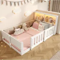 OKWISH Kinderbed 90 X 200 Cm - Bed Met Uitvalbeveiliging En Led Verlichting - Met Opbergruimte In Het Hoofdeinde - Soft Gevoerd - Wit - Zonder Matras