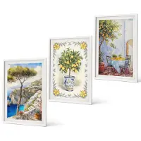 Coloray 3-Delige Schilderij Set - Uitzicht Op Zee Met Citroenbomen - 40 x 60 - Wanddecoratie - Schilderijen Set - Interieur - Muurdecoratie