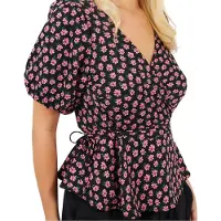 Brave Soul Dames/Dames V Hals Pofmouw Wikkel Top (Zwart/roze)