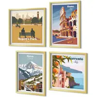 Coloray 4-Delige Schilderij Set - Retro-illustraties van beroemde regio's over de hele wereld - 40 x 40 cm en 40 x 60 cm - Moderne Wanddecoratie - Slaapkamer