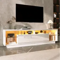 OKWISH Dressoir - TV Meubel Met 3 Hoogglans Deuren En Glazen Vakken - Ledverlichting Met Appbediening - Wit Spaanplaat - 200x38x55 cm