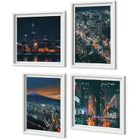 Coloray 4-Delige Schilderij Set - Uitzicht Op De Stad 'S Nachts Vanaf De Bergen Met Wolkenkrabbers - 40 x 40 En 40 x 60 - Muurdecoratie - Wanddecoratie - Hal